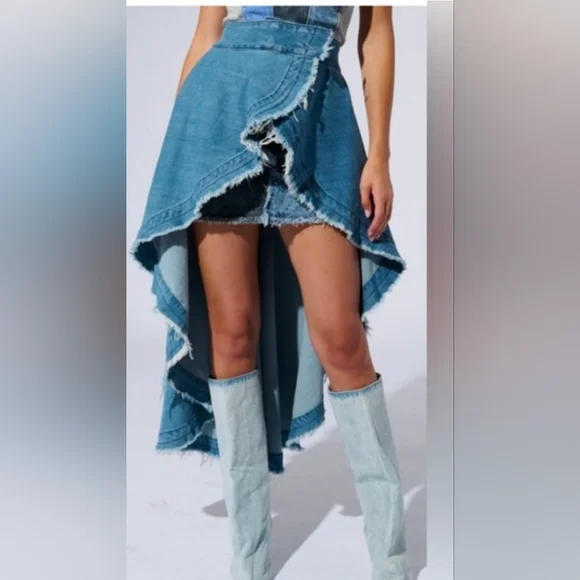 Denim High-Low Ruffle Skirt - Blue Size L/XL - Picture 1 of 4
